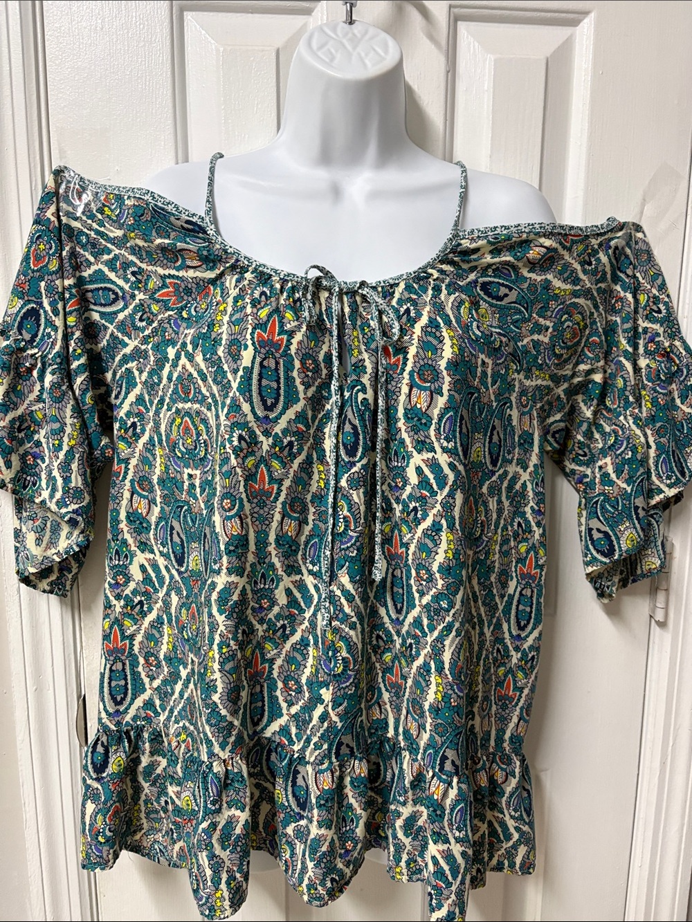 Umgee Teal Paisley Off-Shoulder Tie-Front Tunic